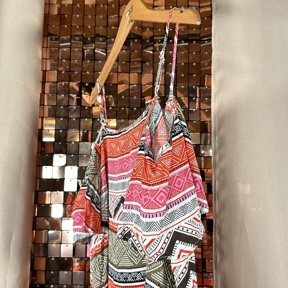 Shein Orange Pink Tan Black & Cream Print Short Sleeve Cold Shoulder Blouse Sz L - Picture 7 of 9